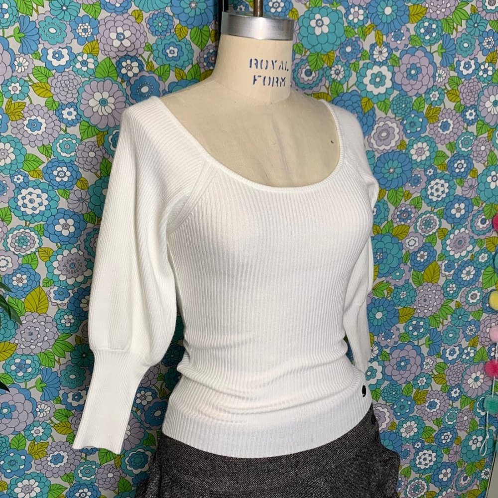 BSB Jeans White Ribbed Scoop Neck 3/4 Length Sleeve Top Size:S